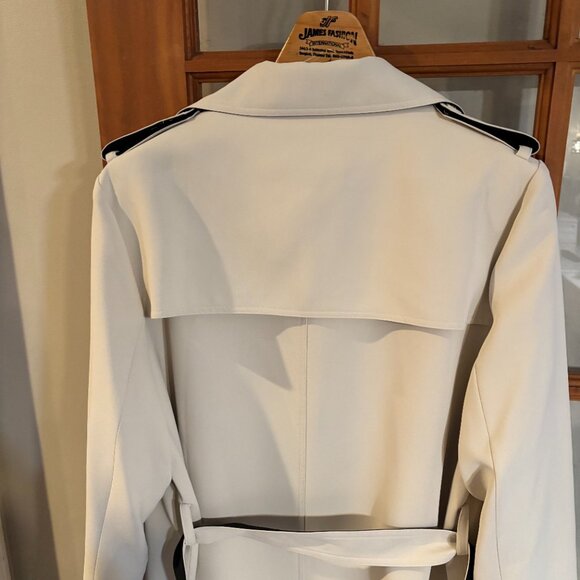 Beige/Black Women double breasted l, belted, long trench coat Size: Large - Picture 9 of 15